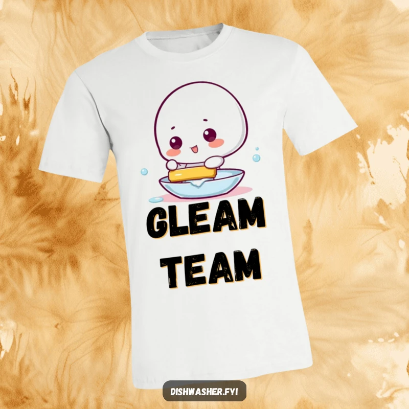 Funny t-shirt with a playful character expertly using a squeegee to make a dish incredibly clean and gleam brightly.