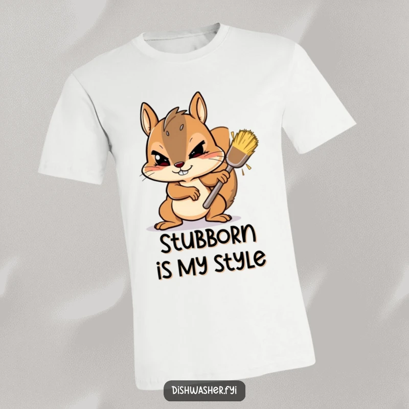 Funny T-Shirt displaying a determined squirrel character scrubbing a stubborn spot with gusto, ideal for those who love hardworking humor.