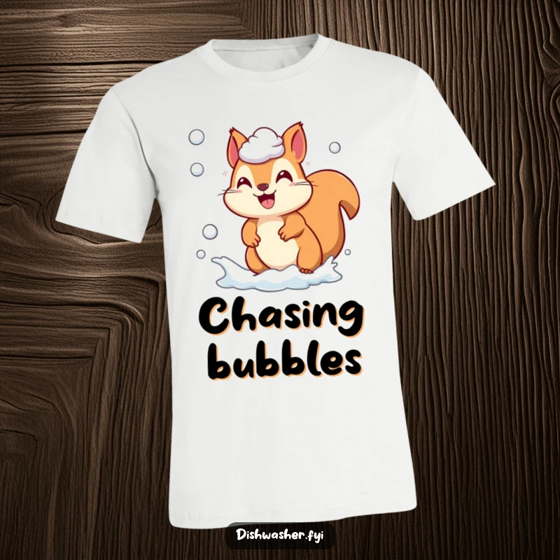 Funny playful squirrel character grinning while chasing soap suds on a t-shirt, capturing energetic fun, ideal funny gift.
