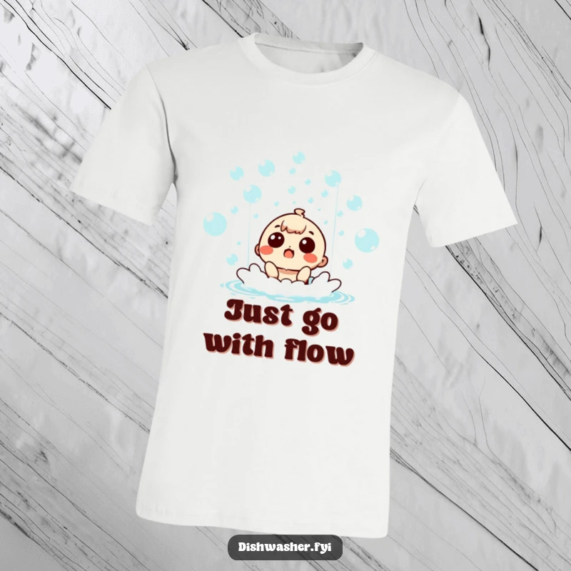 Funny surprised character joyfully submerged in a waterfall of bubbles, wearing a t-shirt, embodying pure delight.