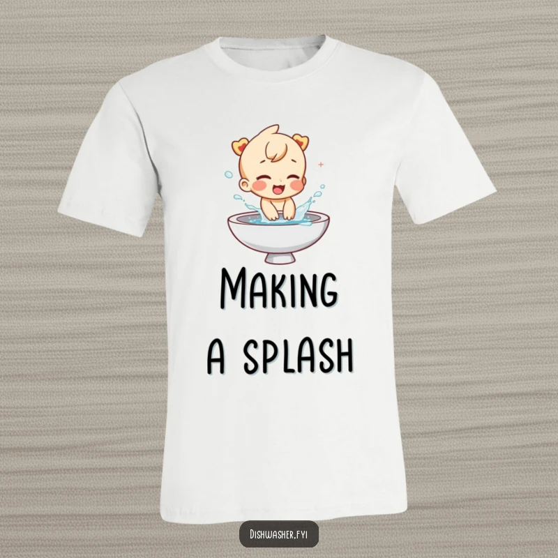 Funny t-shirt showcasing a giggling character joyfully splashing water from a sink. Ideal for summer themes and anyone who loves playful humor.