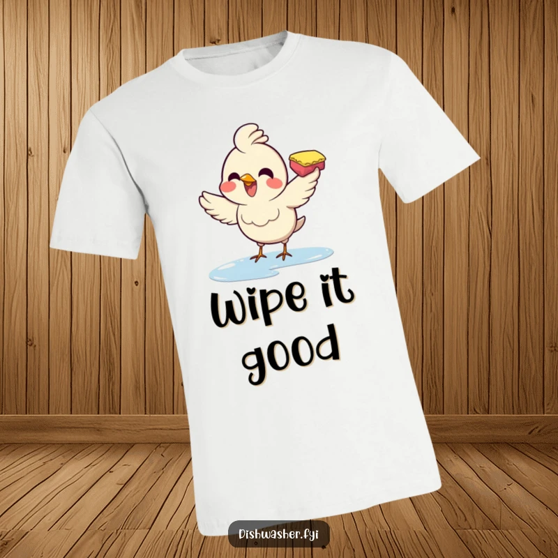 Funny t-shirt with a joyful bird using a sponge to enthusiastically wipe a surface, celebrating cleanliness with humor.