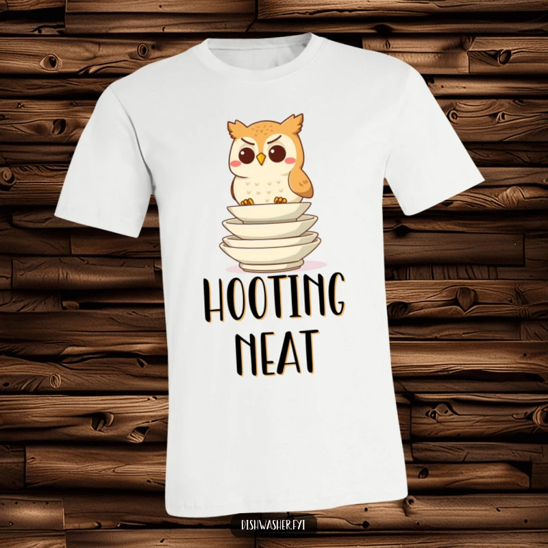 Funny determined owl character stacking clean plates on a t-shirt, depicting meticulous care, ideal funny gift.