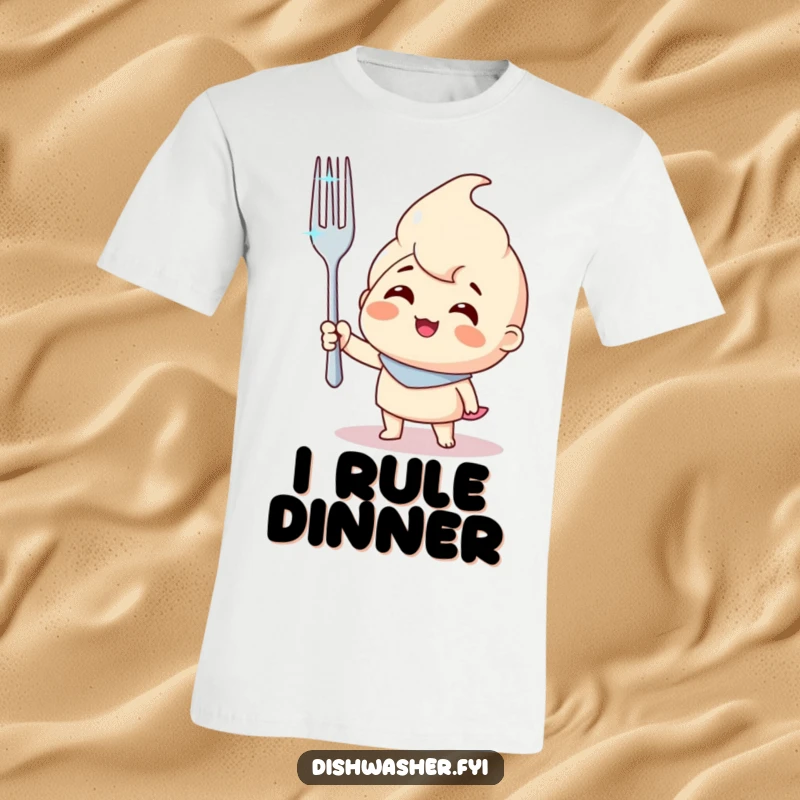 Funny t-shirt of a smiling character triumphantly holding a sparkling clean fork, symbolizing culinary achievement and humorous victory.
