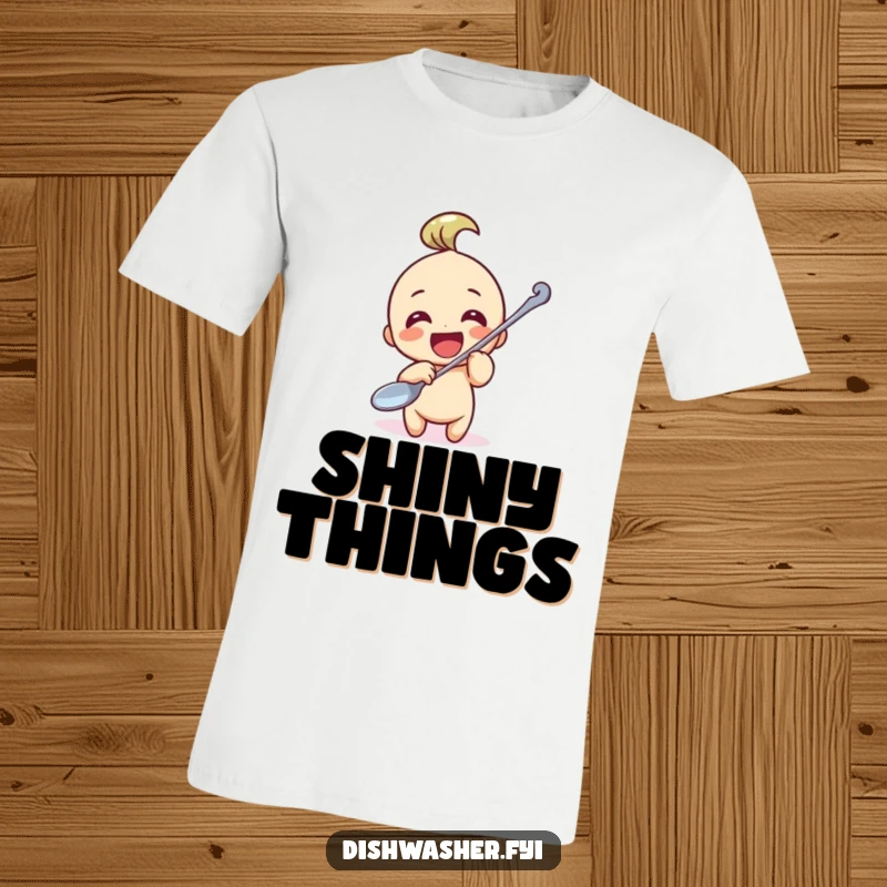 Funny T-Shirt: A lively character enthusiastically polishing a comically large spoon, radiating joy and a passion for tidiness.