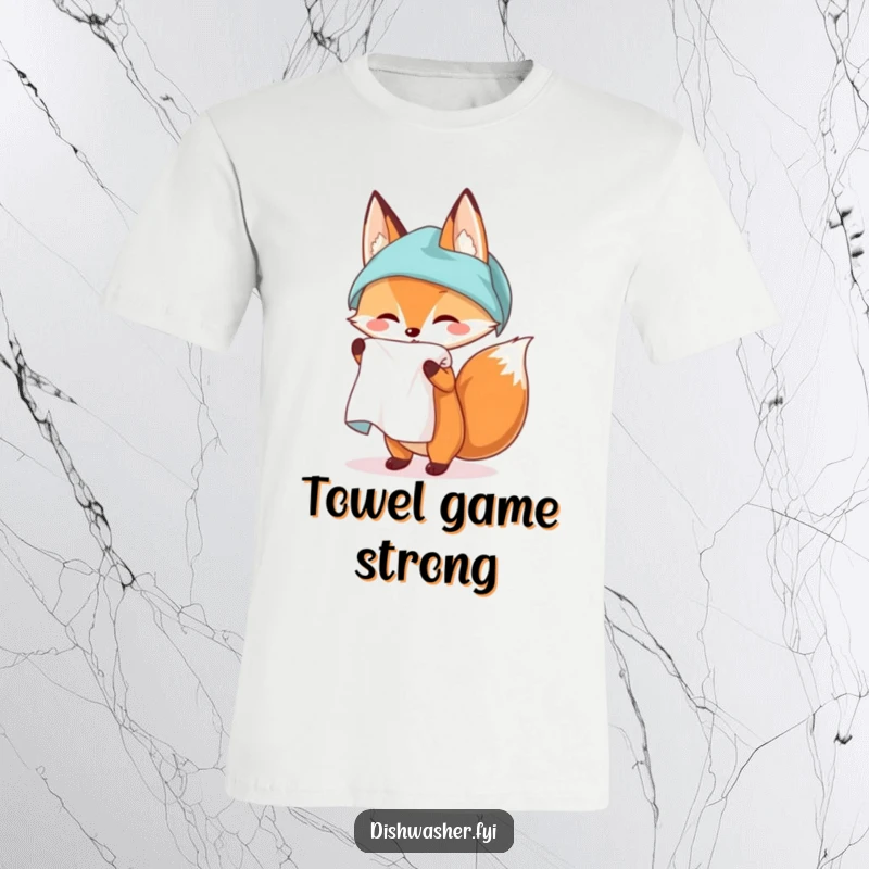 Funny t-shirt featuring a clever fox character unfurling a brand new, spotless kitchen towel with a proud and sly expression, perfect for neat lovers.