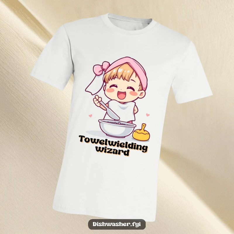 Funny t-shirt showing a cheerful character happily drying dishes with a soft, fluffy towel, celebrating lighthearted chores.