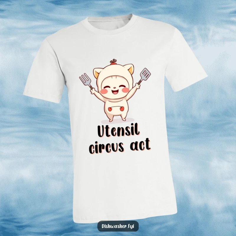 Funny t-shirt depicting a grinning character playfully juggling various small kitchen utensils, embodying kitchen fun and skill.