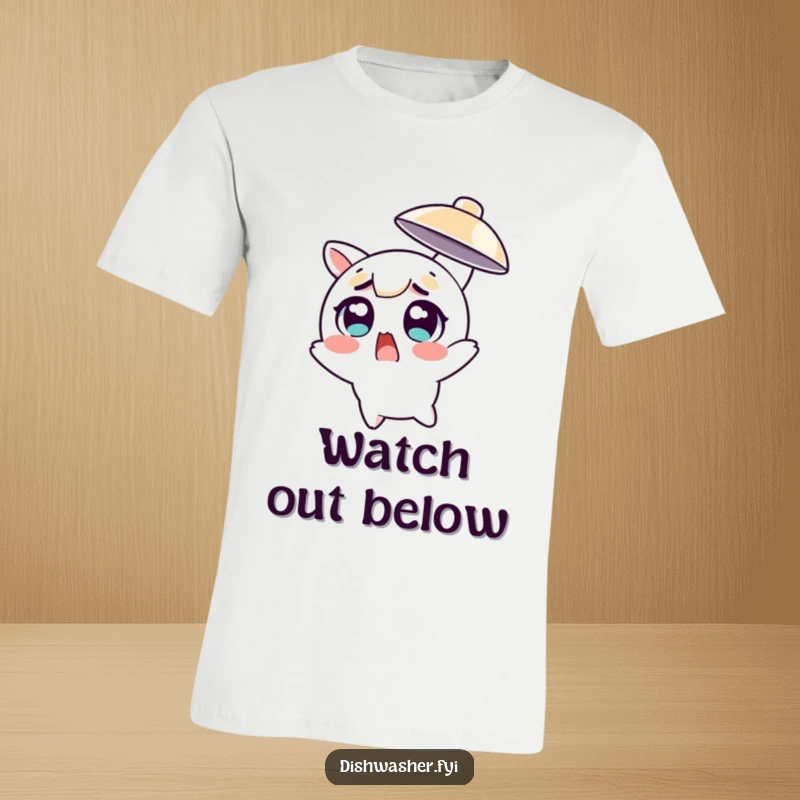 Funny character with wide, startled eyes dodging a flying dish on a t-shirt, illustrating chaotic, humorous surprise.