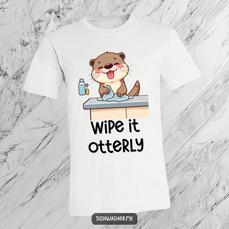 Funny t-shirt featuring an otter with infectious enthusiasm, vigorously wiping down a counter, embodying the joy and energy of cleaning.