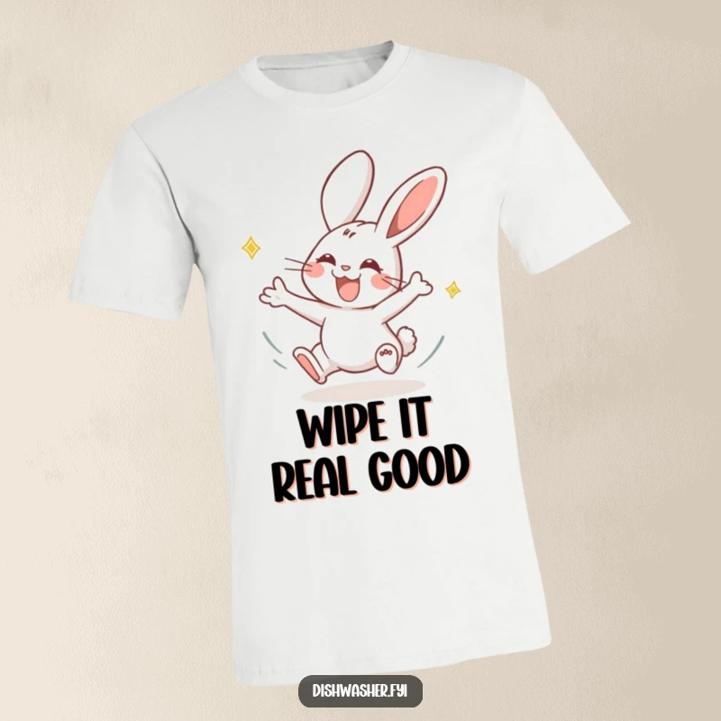 Funny rabbit t-shirt showing a joyous rabbit drying plates with swift, energetic movements and a happy, lively demeanor.