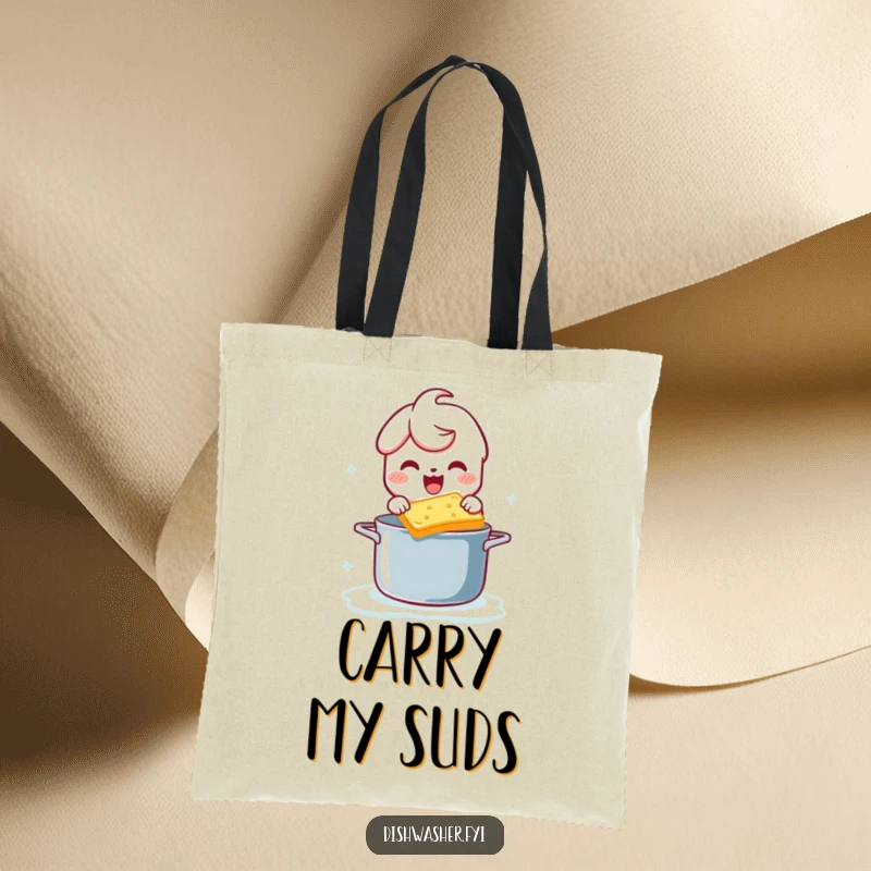 Funny tote bag showing a happy character scrubbing a pot with a bubbly sponge, perfect for carrying groceries with a smile.