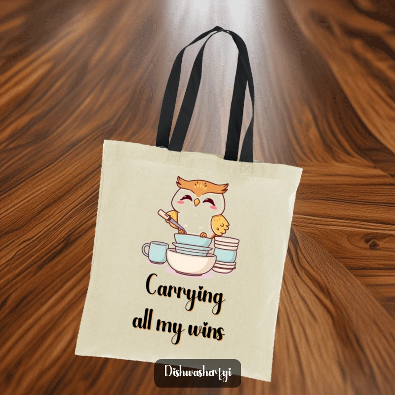 Funny Giggling Owl Tote Bag, showing a joyful owl neatly stacking clean dishes, ideal for shoppers and humor enthusiasts.