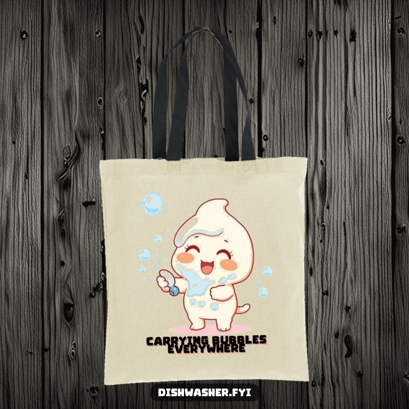 Funny tote bag with a happy character joyfully spraying dish soap bubbles, symbolizing fun and cleanliness.