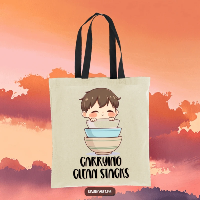 Funny Bowl Master Tote Bag showcasing a character admiring clean bowls, ideal for carrying items with domestic humor.