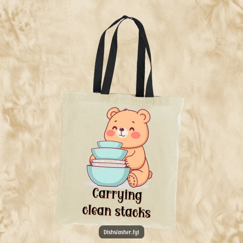 Funny tote bag with a whimsical bear smiling at a neat stack of freshly washed dishes, perfect for carrying essentials with cheerful humor.