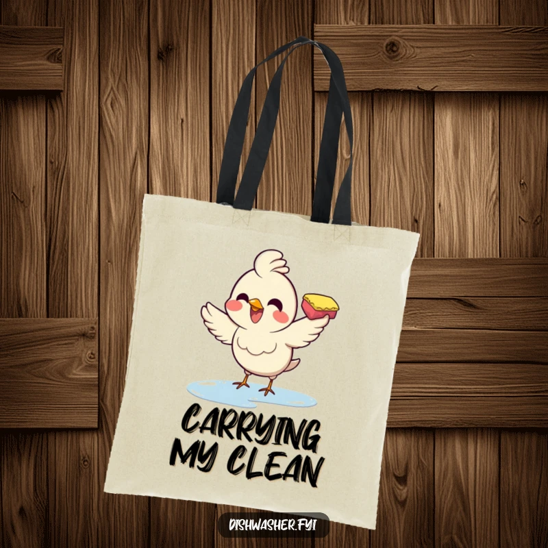 Funny tote bag with a joyful bird enthusiastically wiping a surface with a sponge, perfect for carrying essentials with cheerful humor.