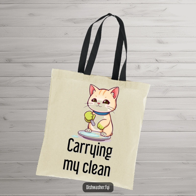 Funny tote bag illustrating a determined cat in a rubber glove, scrubbing a plate clean with humorous dedication.
