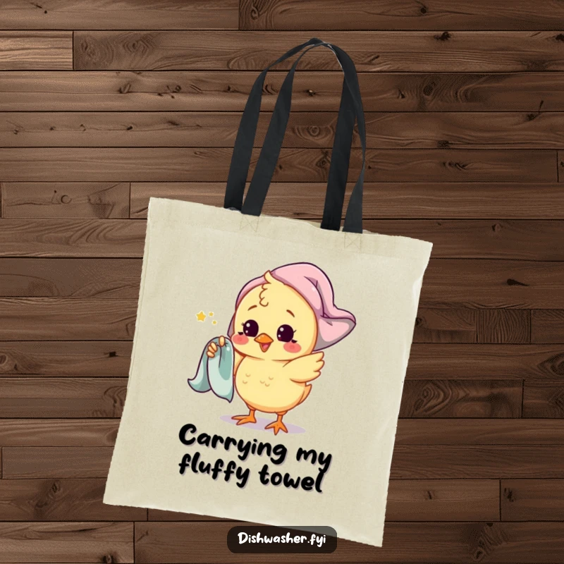 Funny chick tote bag showing a playful chick character spinning a drying towel around its finger, perfect for carrying items with adorable flair.