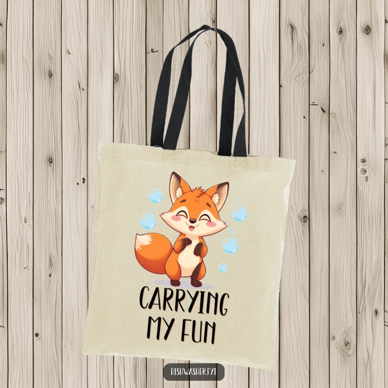 Funny fox tote bag with a mischievous fox character gleefully juggling iridescent soap bubbles, perfect for carrying items with playful flair.
