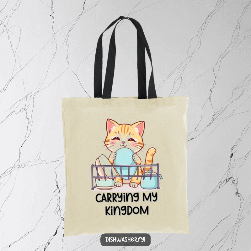 Funny cat tote bag, illustrating a cute cat playfully arranging clean dishes in a drying rack, a humorous and practical carry-all.