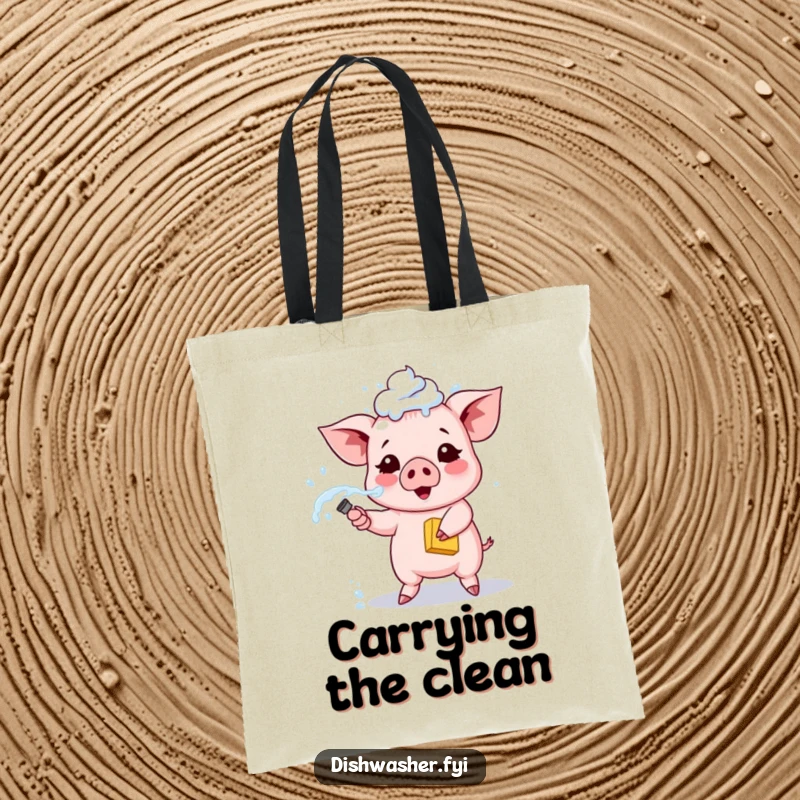Funny piglet tote bag, depicting a cute piglet spraying soapy water from a sponge, a humorous and practical carry-all.