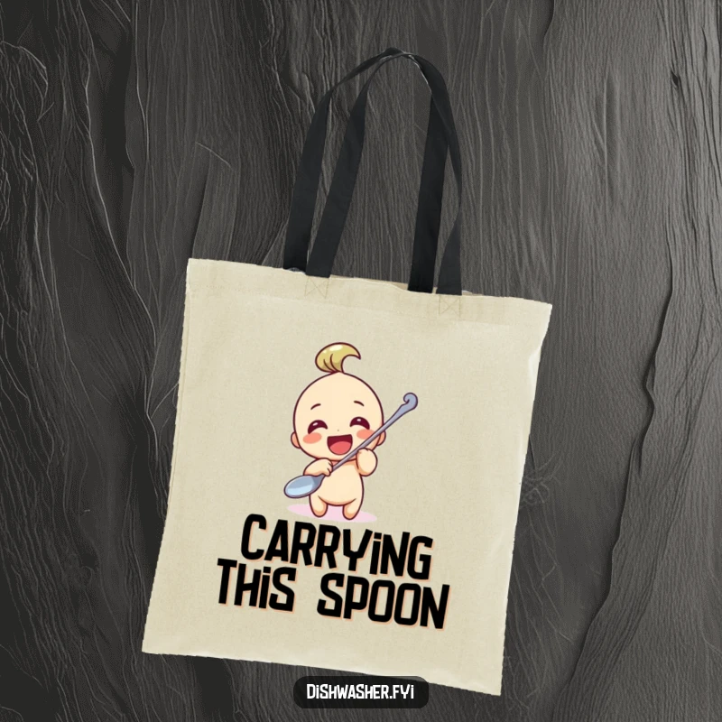 Funny Tote Bag: A character joyfully polishing a large spoon, perfect for carrying groceries and smiles, a unique conversation starter.