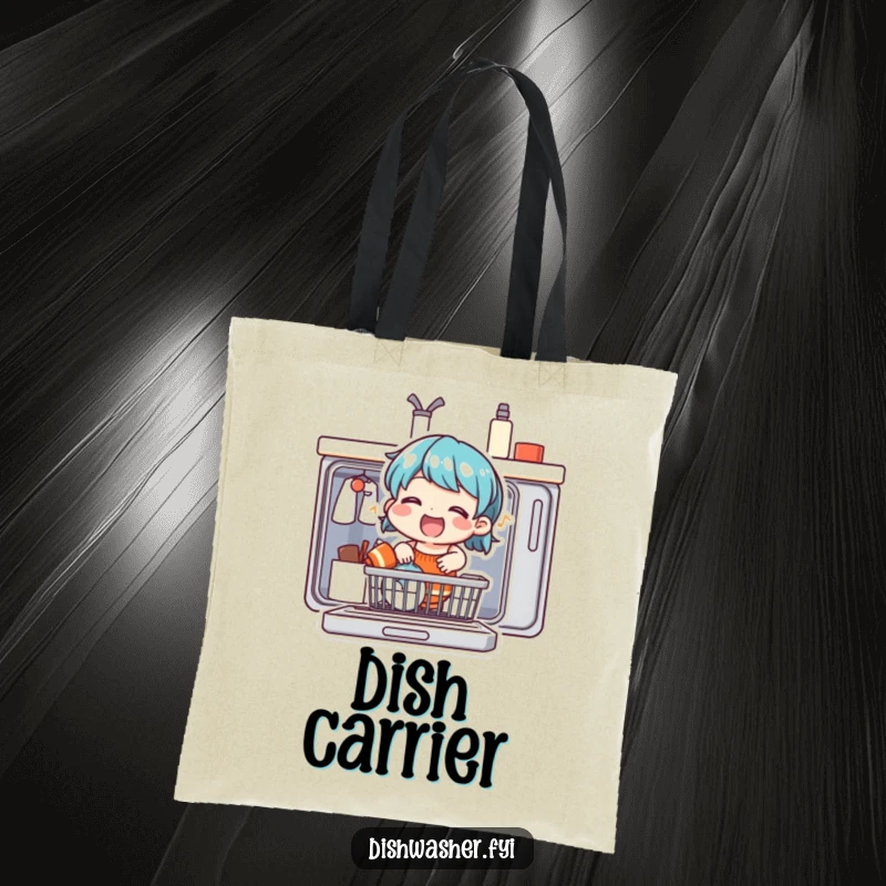 Funny tote bag showing a happy character singing loudly while loading a dishwasher, ideal for grocery runs and daily use.
