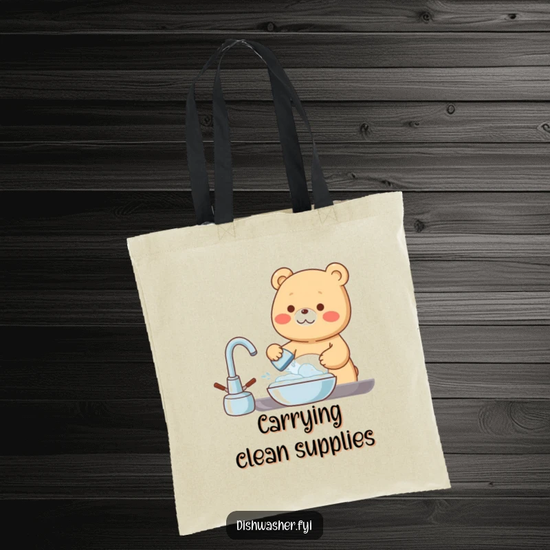 Funny Tote Bag designed with a cheerful bear character happily washing dishes with bubbles, perfect for carrying essentials with a clean spirit.