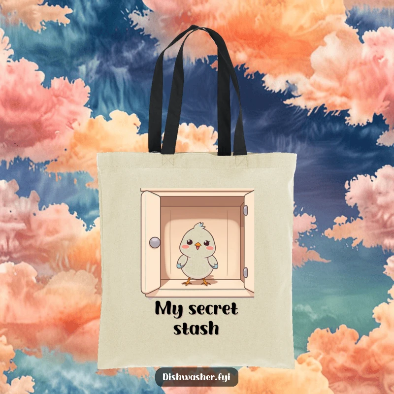 Funny tote bag with a happy bird peeking from a clean cupboard, perfect for carrying essentials with a touch of cheerful delight.