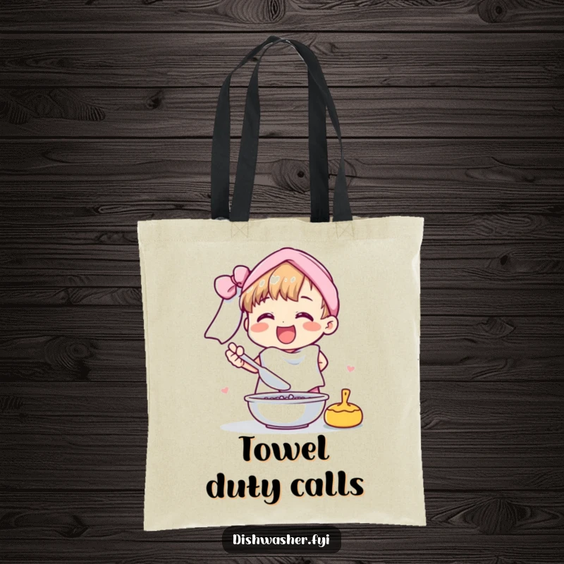 Funny tote bag featuring a cheerful character drying dishes with a fluffy towel, a humorous and useful accessory.