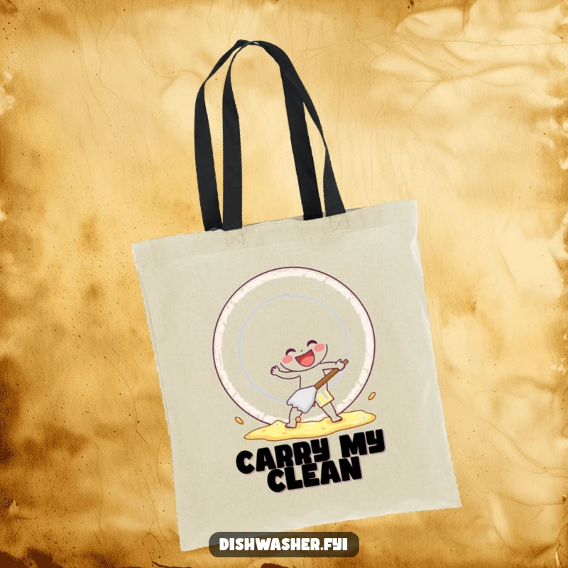 Funny tote bag featuring a character energetically scrubbing a plate with gusto, practical for carrying items with a humorous touch.