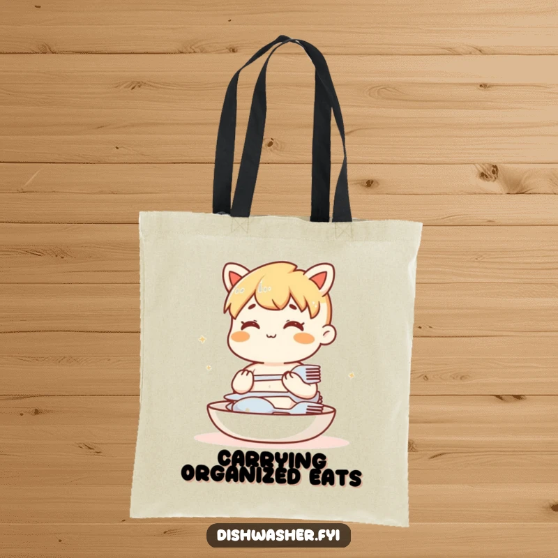 Funny tote bag with a calm character neatly stacking clean forks, knives, and spoons. Practical and humorous kitchen accessory.