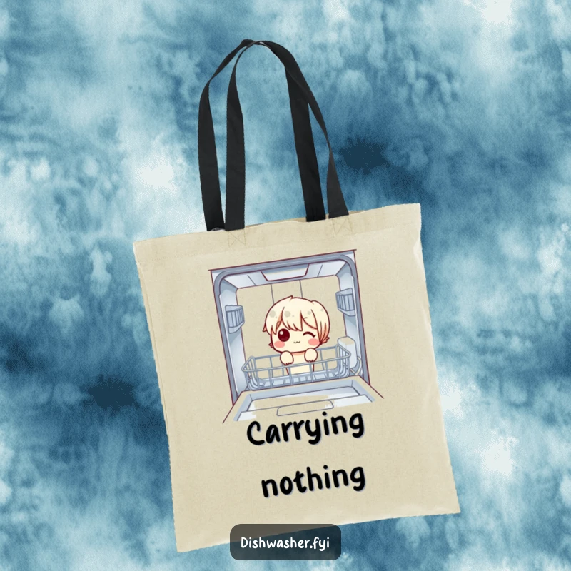 Funny Tote Bag: A character peeking into an empty dishwasher, a humorous and practical bag for carrying everyday items and witty observations.