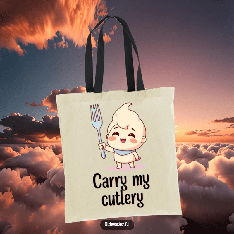 Funny tote bag featuring a smiling character holding a sparkling clean fork, practical for carrying items with a humorous touch.