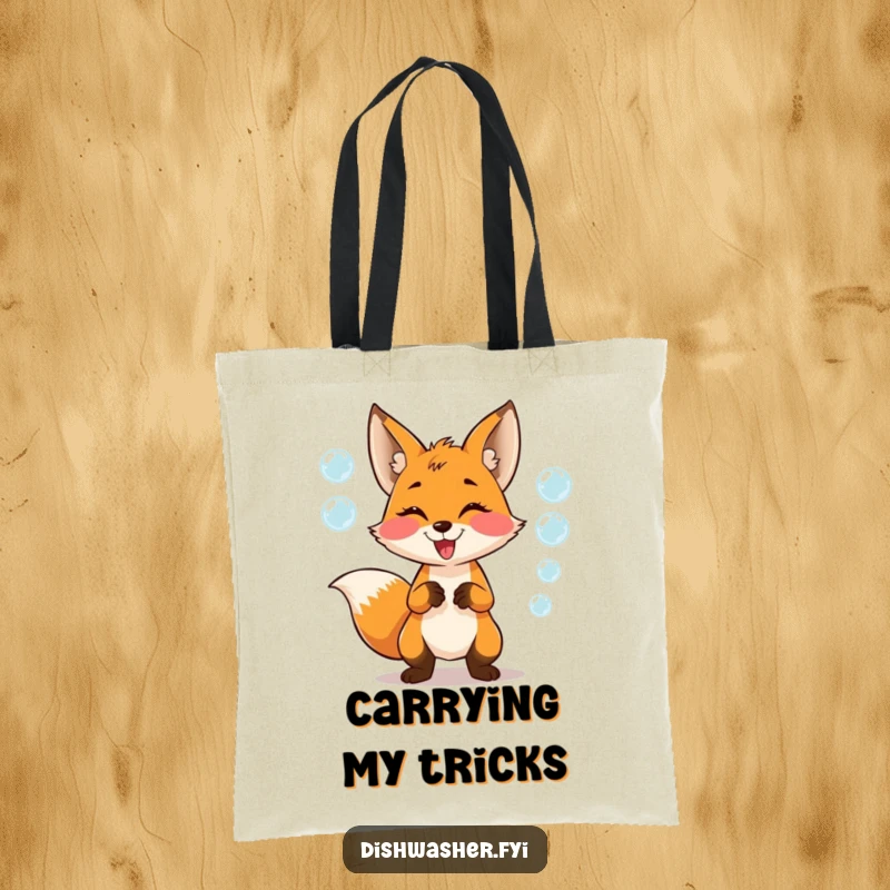 Funny Tote Bag designed with a mischievous fox character juggling soap bubbles with glee, perfect for carrying essentials with a playful spirit.