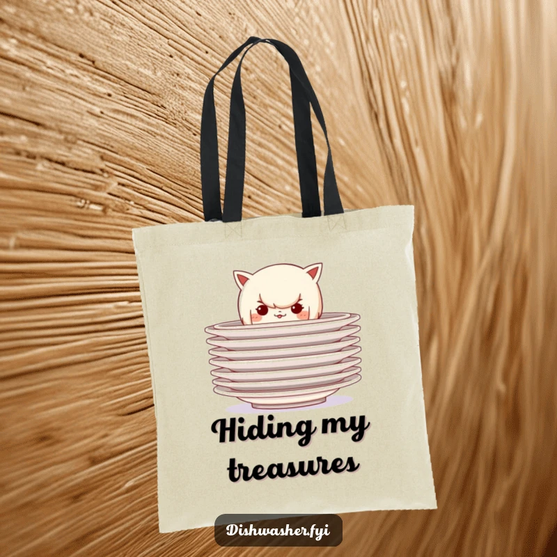 Funny tote bag with a mischievous character hiding behind a stack of clean plates, perfect for carrying essentials with playful secrecy and charm.