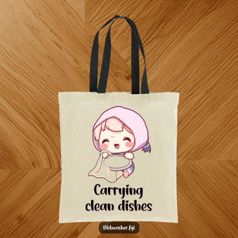 Funny tote bag featuring a cute character humorously drying a plate with a fluffy towel, perfect for shopping trips.
