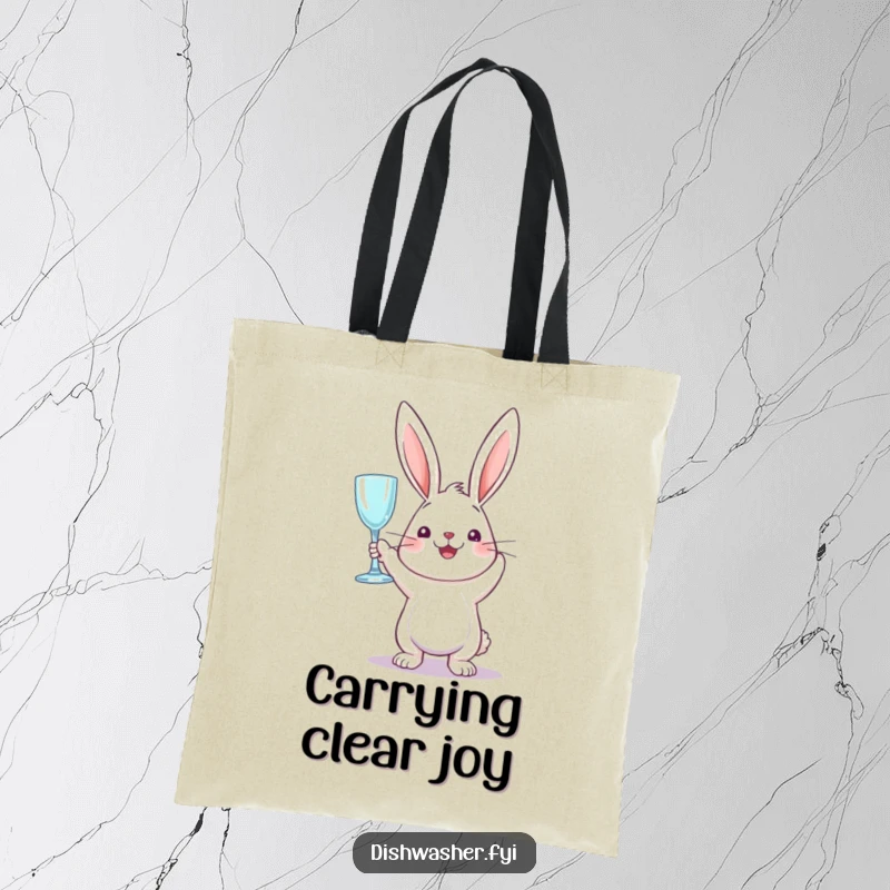 Funny tote bag with a perky rabbit triumphantly holding a sparkling clean glass, perfect for carrying essentials with cheerful humor.