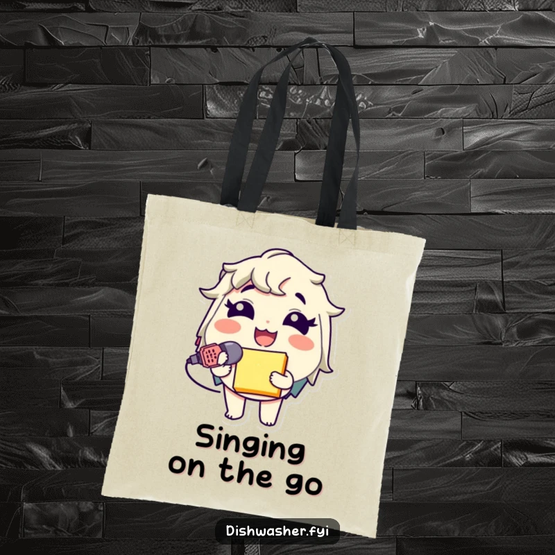Funny Sponge Mic Tote Bag showcasing a giggling character using a sponge as a microphone, ideal for carrying items with music humor.