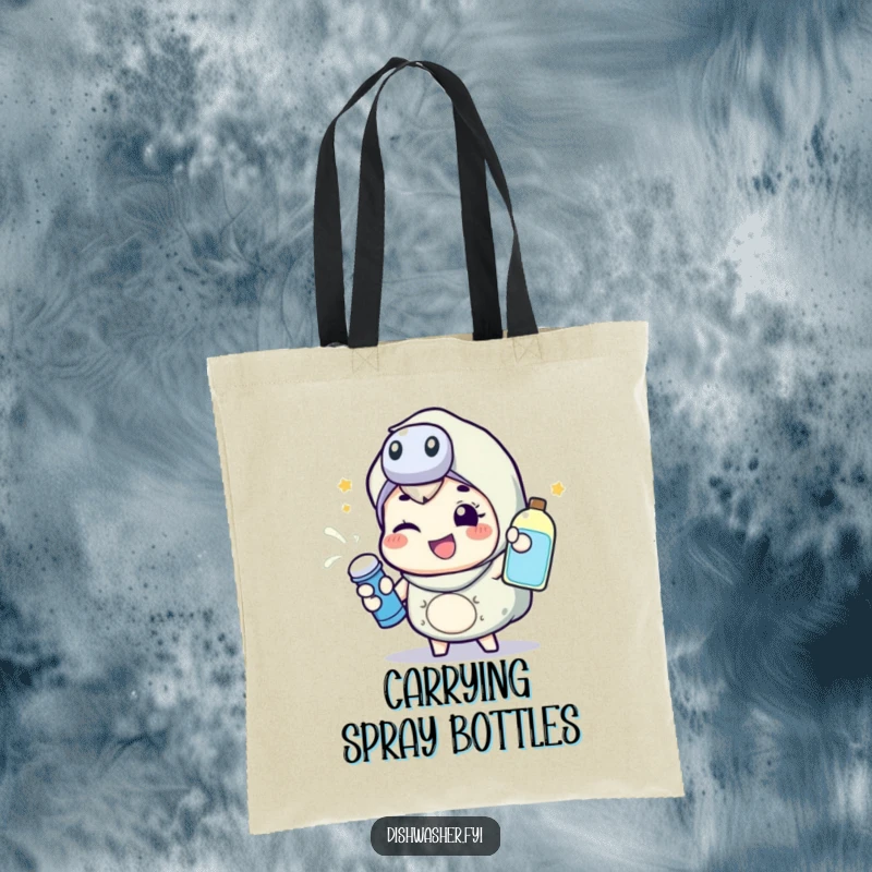 Funny tote bag featuring a happy character energetically spraying cleaning liquid with a wink, perfect for carrying items with an energetic flair.