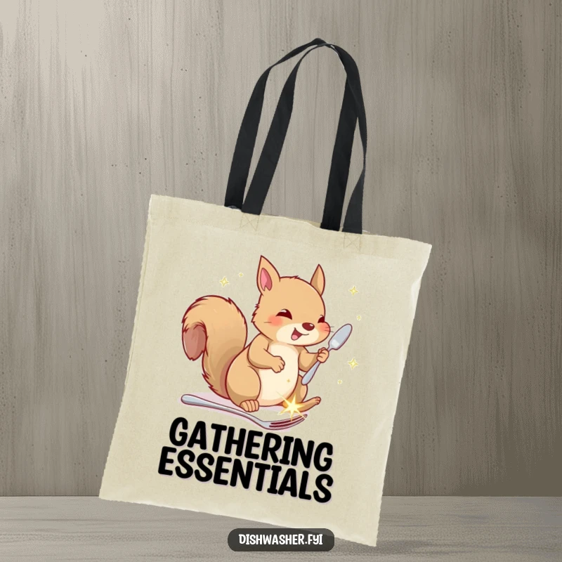 Funny squirrel tote bag, depicting a happy squirrel putting away sparkling cutlery, a humorous and reusable bag for everyday use.