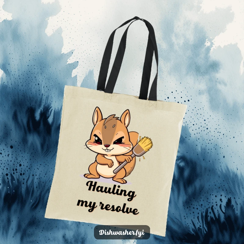 Funny Tote Bag designed with a determined squirrel character vigorously scrubbing a stubborn spot with gusto, perfect for carrying essentials with resolve.