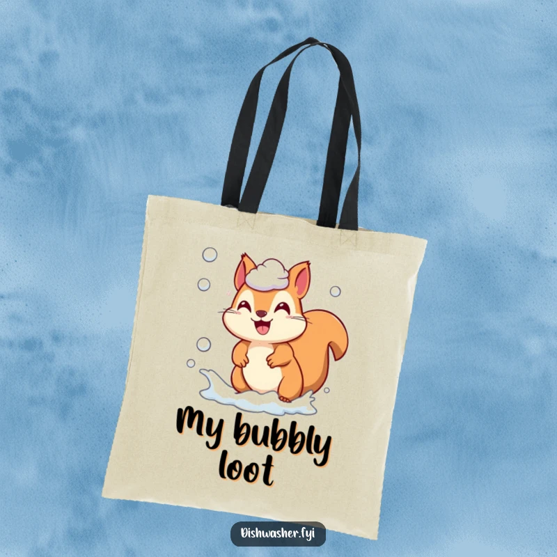Funny playful squirrel character chasing soap suds on a durable tote bag, showcasing energetic fun, perfect funny gift.