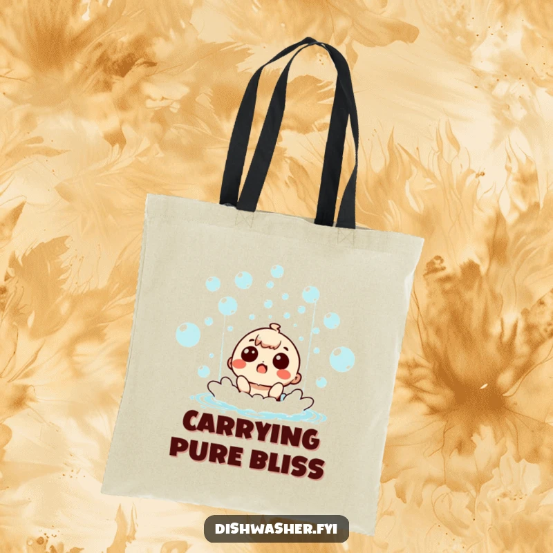 Funny surprised character delighted by a bubble waterfall, carried in a durable tote bag, ready for adventure.