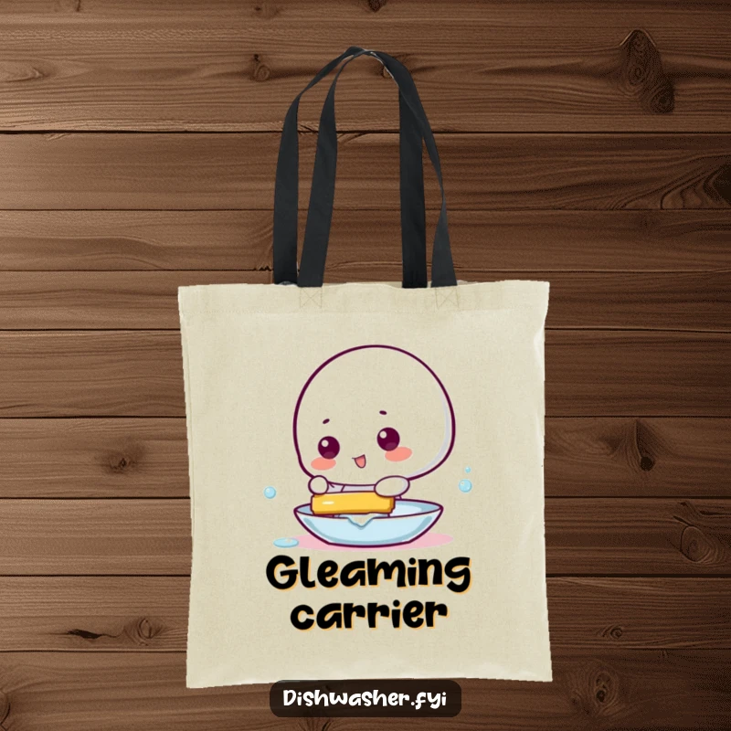 Funny tote bag depicting a playful character using a squeegee to make a dish shine brightly, perfect for shopping.