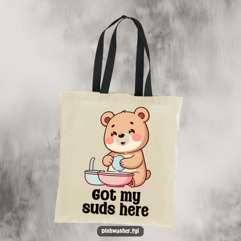 Funny bear tote bag with a cheerful bear character happily washing dishes amidst bubbly soap, perfect for stylish, humorous carrying.