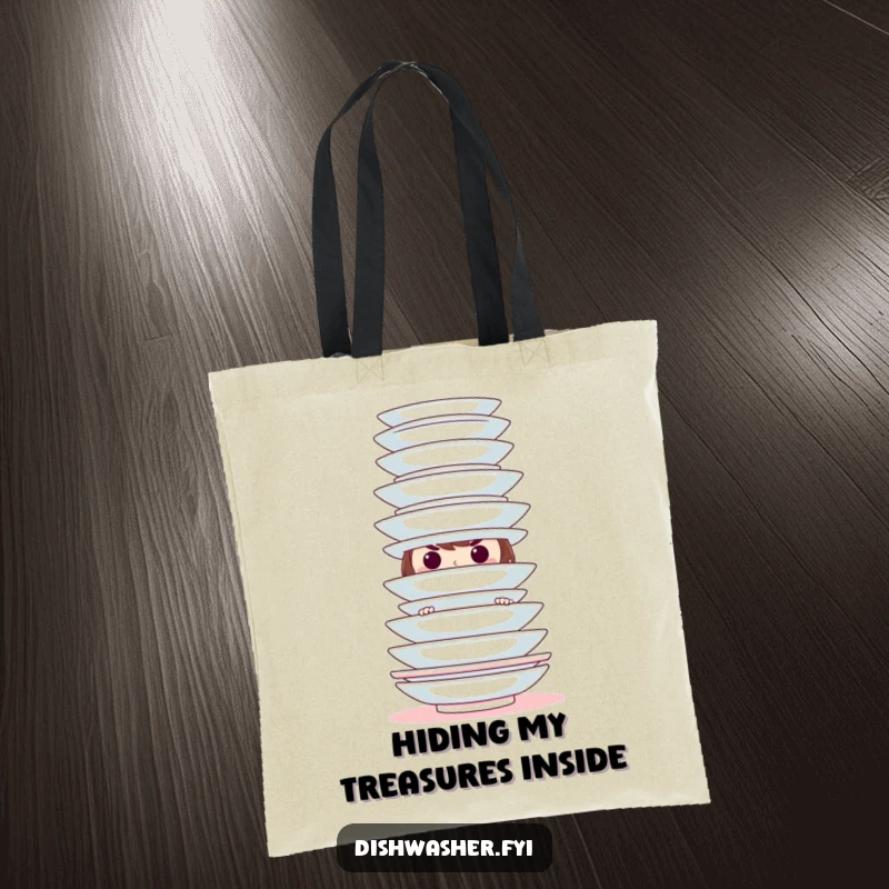 Funny hiding character tote bag with a sneaky character behind clean plates, great for carrying items with a touch of playful, hidden humor.