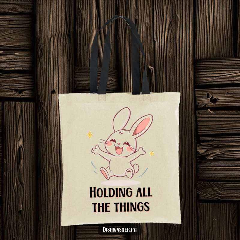Funny rabbit tote bag with a joyous rabbit character energetically drying plates, ideal for stylishly carrying items with speed and humor.