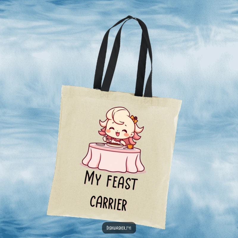 Funny beaming character setting a fancy table with a flourish in a practical tote bag, ready for a party.